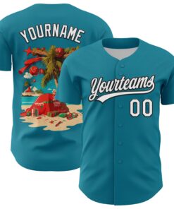 Custom Teal White-Black 3D Funny Christmas Authentic Baseball Jersey