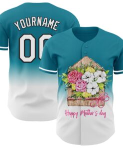 Custom Teal White-Black 3D Pattern Design Gradient Mother's Day Flower Authentic Baseball Jersey