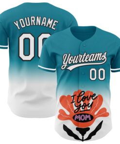 Custom Teal White-Black 3D Pattern Design Gradient Mother's Day Flower Authentic Baseball Jersey