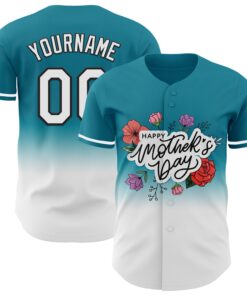 Custom Teal White-Black 3D Pattern Design Gradient Mother's Day Flower Authentic Baseball Jersey
