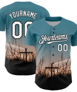 Custom Teal White-Black 3D Pattern Design Religion Cross Jesus Christ Good Friday Authentic Baseball Jersey