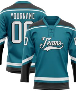 Custom Teal White-Black Hockey Lace Neck Jersey