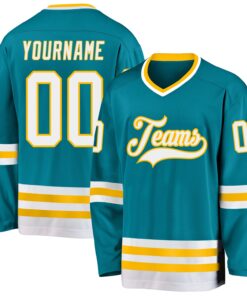 Custom Teal White-Gold Hockey Jersey