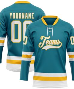 Custom Teal White-Gold Hockey Lace Neck Jersey