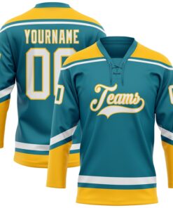 Custom Teal White-Gold Hockey Lace Neck Jersey