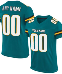Custom Teal White-Gold Mesh Authentic Football Jersey