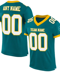 Custom Teal White-Gold Mesh Authentic Football Jersey