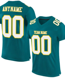 Custom Teal White-Gold Mesh Authentic Football Jersey