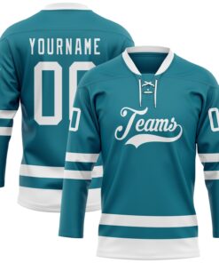 Custom Teal White Hockey Lace Neck Jersey