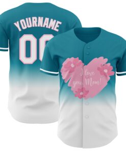Custom Teal White-Light Pink 3D Pattern Design Gradient Mother's Day Love And Flower Authentic Baseball Jersey