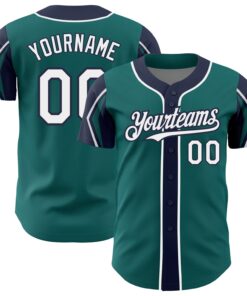 Custom Teal White-Navy 3 Colors Arm Shapes Authentic Baseball Jersey