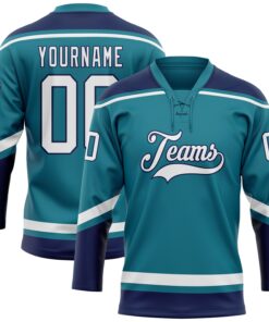 Custom Teal White-Navy Hockey Lace Neck Jersey