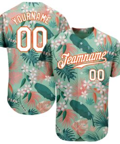 Custom Teal White-Orange 3D Pattern Design Hawaii Palm Leaves And Flowers Authentic Baseball Jersey