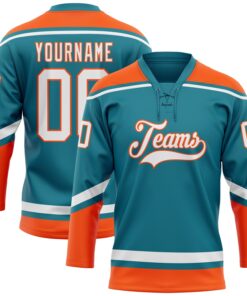 Custom Teal White-Orange Hockey Lace Neck Jersey