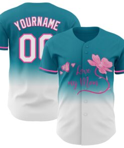 Custom Teal White-Pink 3D Pattern Design Gradient Mother's Day Love And Flower Authentic Baseball Jersey