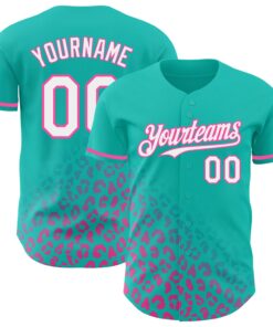 Custom Teal White-Pink 3D Pattern Design Leopard Print Fade Fashion Authentic Baseball Jersey