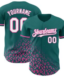 Custom Teal White-Pink 3D Pattern Design Leopard Print Fade Fashion Authentic Baseball Jersey