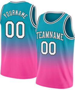 Custom Teal White-Pink Authentic Fade Fashion Basketball Jersey