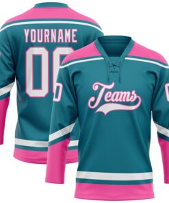 Custom Teal White-Pink Hockey Lace Neck Jersey