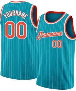 Custom Teal White Pinstripe Orange-White Authentic Basketball Jersey