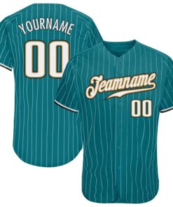Custom Teal White Pinstripe White-Old Gold Authentic Baseball Jersey