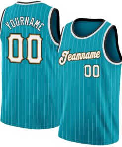 Custom Teal White Pinstripe White-Old Gold Authentic Basketball Jersey