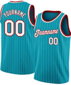 Custom Teal White Pinstripe White-Red Authentic Basketball Jersey