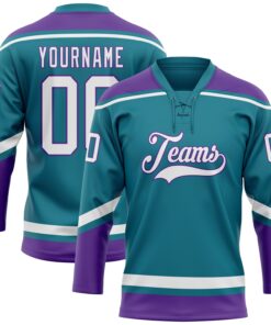 Custom Teal White-Purple Hockey Lace Neck Jersey