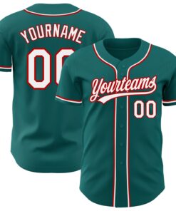 Custom Teal White-Red Authentic Baseball Jersey