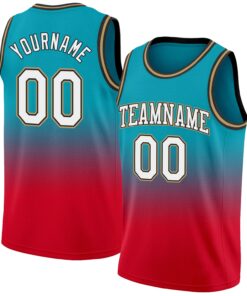 Custom Teal White-Red Authentic Fade Fashion Basketball Jersey
