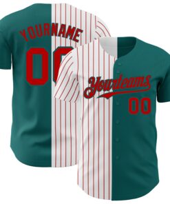 Custom Teal White-Red Pinstripe Authentic Split Fashion Baseball Jersey