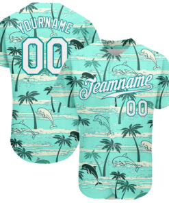 Custom Teal White-Teal 3D Pattern Design Hawaii Palm Trees Authentic Baseball Jersey