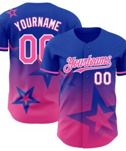 Custom Thunder Blue Pink-White 3D Pattern Design Gradient Style Twinkle Star Authentic Baseball Jersey