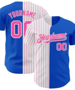 Custom Thunder Blue White-Pink Pinstripe Authentic Split Fashion Baseball Jersey