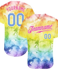 Custom Tie Dye Light Blue-Pink 3D Rainbow Authentic Baseball Jersey