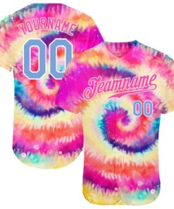 Custom Tie Dye Light Blue-White 3D Rainbow Authentic Baseball Jersey