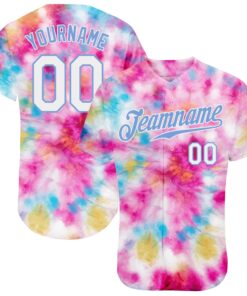 Custom Tie Dye White-Light Blue 3D Colorful Watercolor Authentic Baseball Jersey