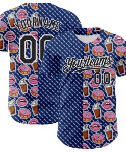 Custom US Navy Blue Black-White 3D Pattern Design Foodie Food Dessert Milkshake Donut Authentic Baseball Jersey