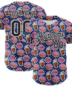 Custom US Navy Blue Black-White 3D Pattern Design Foodie Food Dessert Milkshake Donut Authentic Baseball Jersey