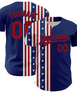 Custom US Navy Blue Red 3D American Flag And Star Authentic Baseball Jersey