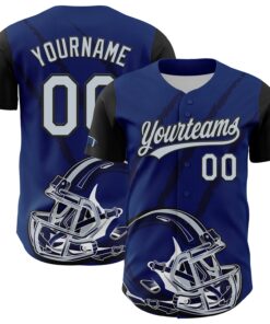 Custom US Navy Blue Silver-Black 3D Pattern Design Football Helmet And Animal Claw Authentic Baseball Jersey