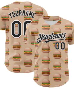 Custom Vegas Gold Black-White 3D Pattern Design Foodie Fast Food Burger Authentic Baseball Jersey