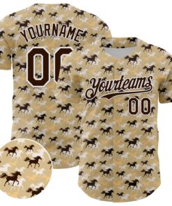 Custom Vegas Gold Brown-White 3D Pattern Design Animal Horse Authentic Baseball Jersey