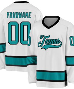 Custom White Aqua-Black Hockey Jersey