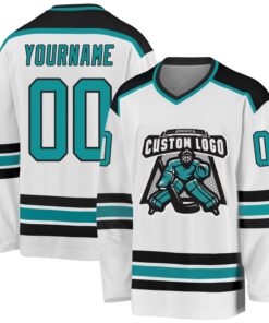 Custom White Aqua-Black Hockey Jersey
