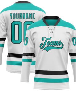 Custom White Aqua-Black Hockey Lace Neck Jersey