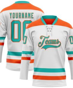 Custom White Aqua-Orange Hockey Lace Neck Jersey