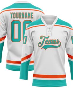 Custom White Aqua-Orange Hockey Lace Neck Jersey