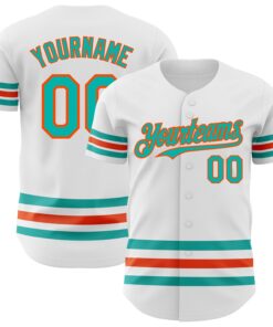 Custom White Aqua-Orange Line Authentic Baseball Jersey