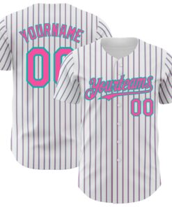 Custom White (Aqua Pink Pinstripe) Pink-Aqua Authentic Baseball Jersey